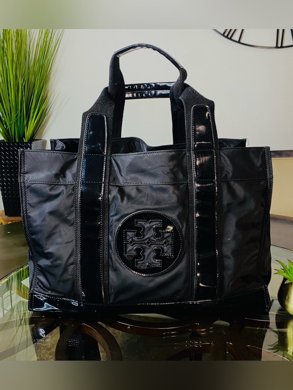 Tory Burch Ella Tote Bag Black Nylon Patent Leather Medium Large
